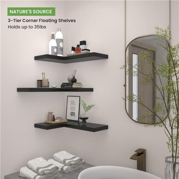 Corner Floating Shelves with Invisible Brackets,  Set of 3, 17" x 6" (Black) - Picture 4 of 6